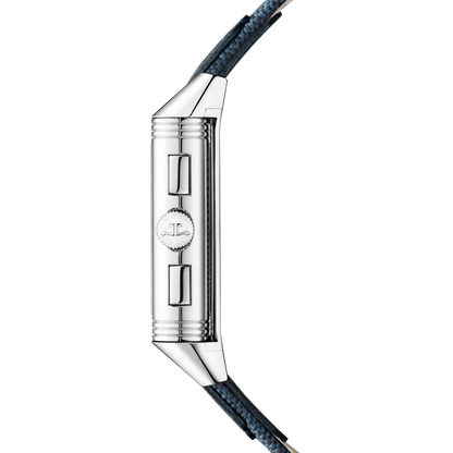 JLC - Reverso Tribute Chronograph - 49.4 MM x 29.9 MM - Stainless Steel - Blue/Open Dial - Blue Canvas/Black Leather Strap - Q389848J