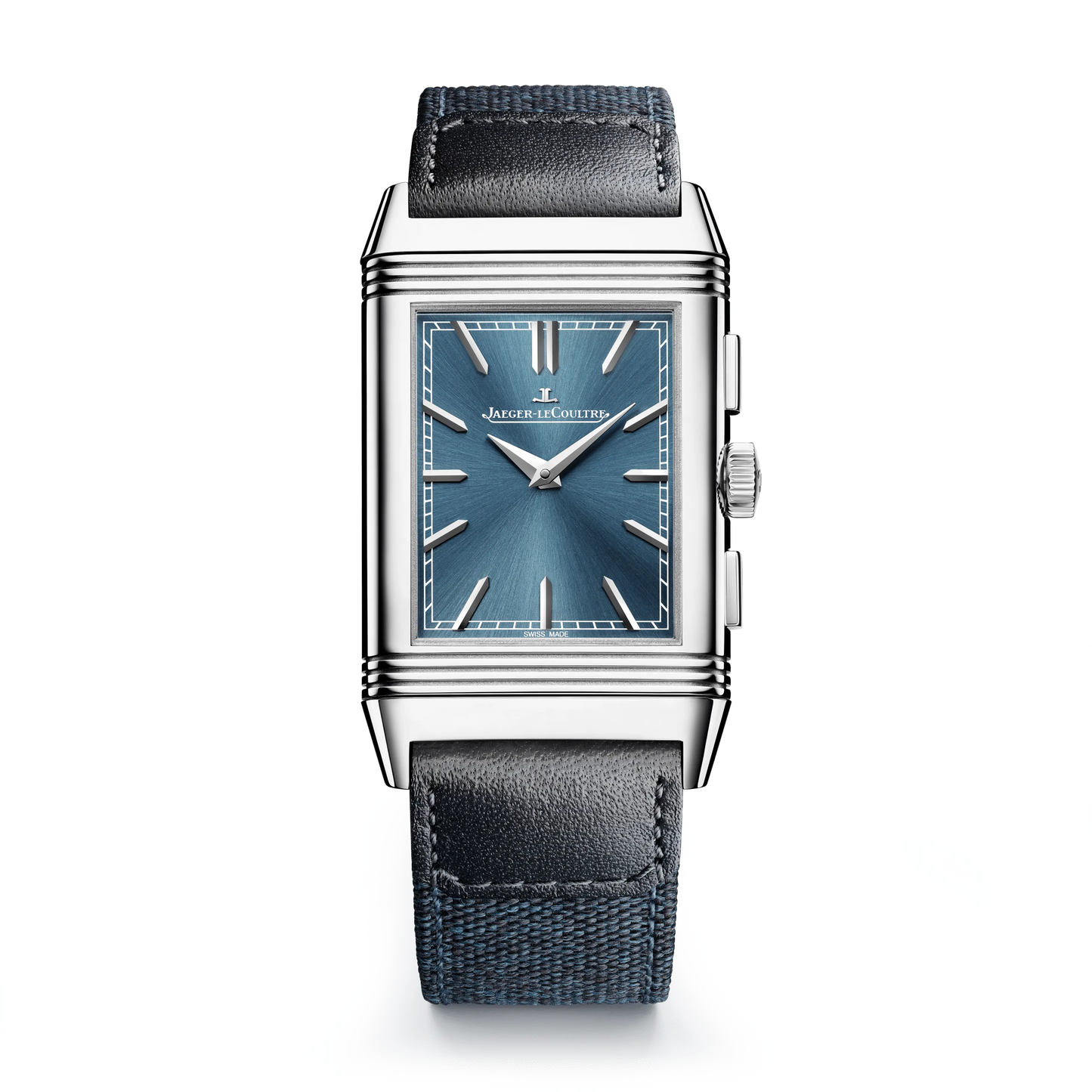 JLC - Reverso Tribute Chronograph - 49.4 MM x 29.9 MM - Stainless Steel - Blue/Open Dial - Blue Canvas/Black Leather Strap - Q389848J