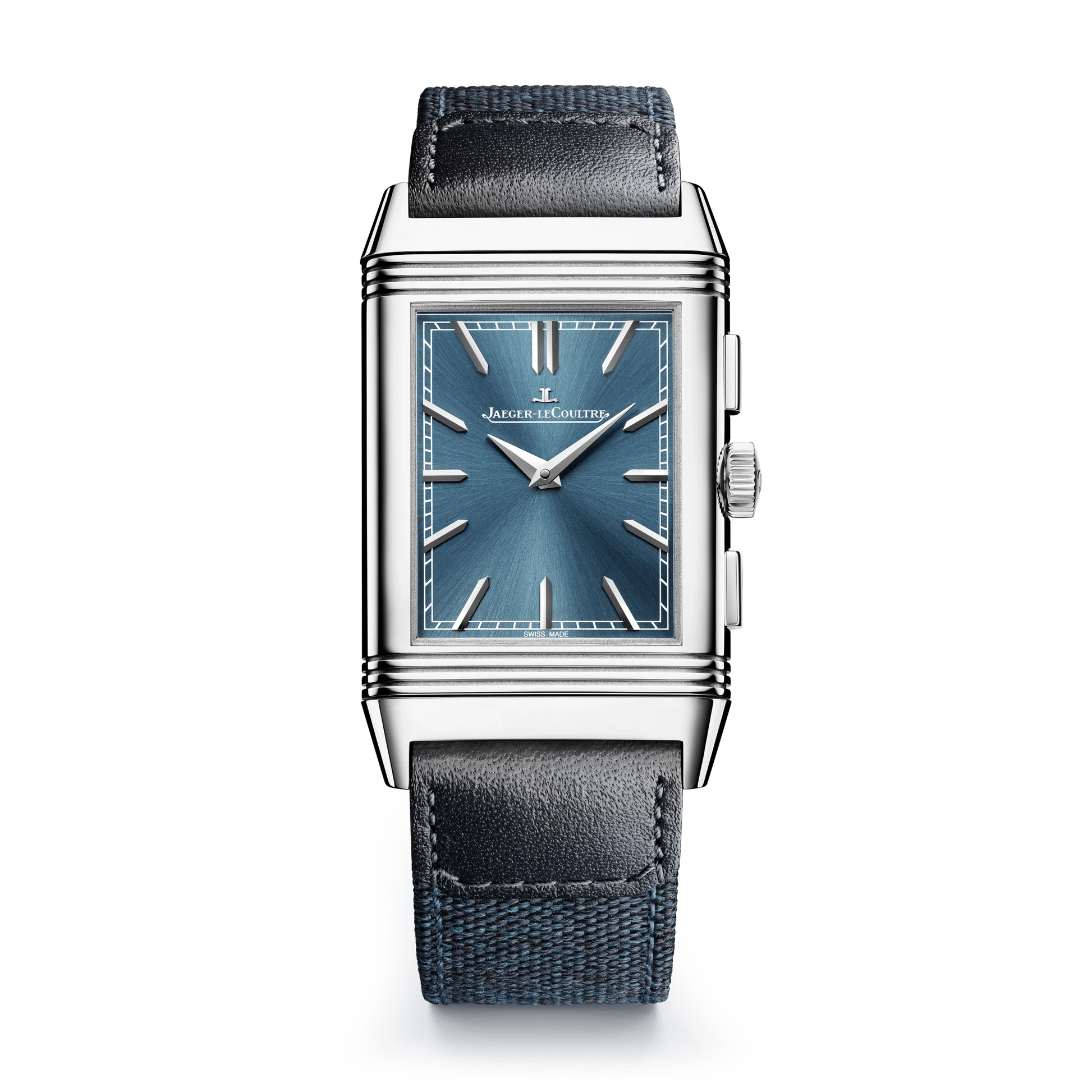 JLC - Reverso Tribute Chronograph - 49.4 MM x 29.9 MM - Stainless Steel - Blue/Open Dial - Blue Canvas/Black Leather Strap - Q389848J