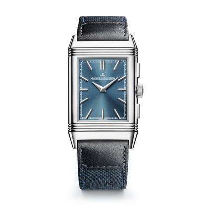 JLC - Reverso Tribute Chronograph - 49.4 MM x 29.9 MM - Stainless Steel - Blue/Open Dial - Blue Canvas/Black Leather Strap - Q389848J