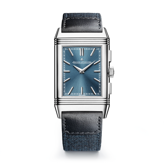 JLC - Reverso Tribute Chronograph - 49.4 MM x 29.9 MM - Stainless Steel - Blue/Open Dial - Blue Canvas/Black Leather Strap - Q389848J
