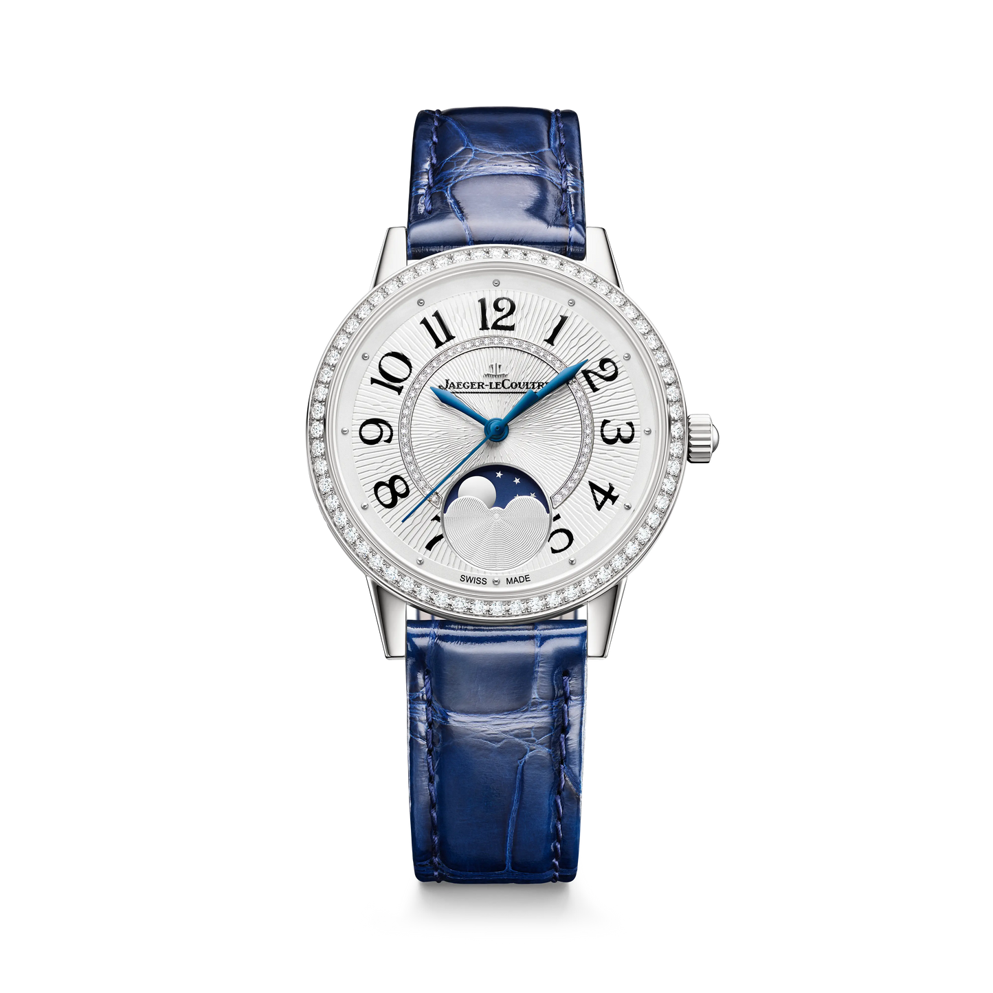 JLC - Rendez-Vous Classic Moon - 34 MM - Stainless Steel - Silvered-Gray Guilloché Diamond Dial - Diamond-Set Bezel - Blue Leather Strap - Q3578431