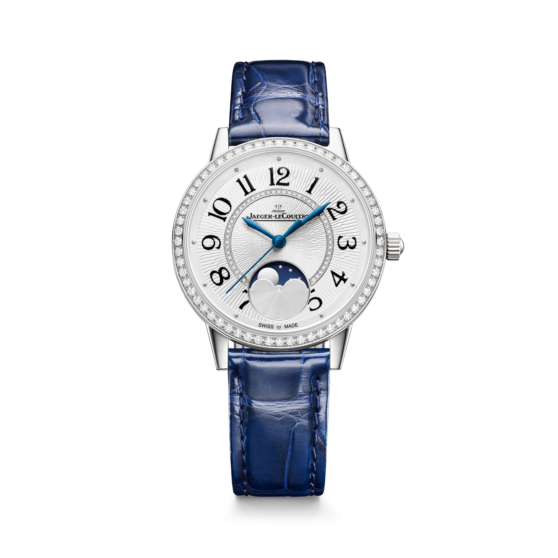 JLC - Rendez-Vous Classic Moon - 34 MM - Stainless Steel - Silvered-Gray Guilloché Diamond Dial - Diamond-Set Bezel - Blue Leather Strap - Q3578431