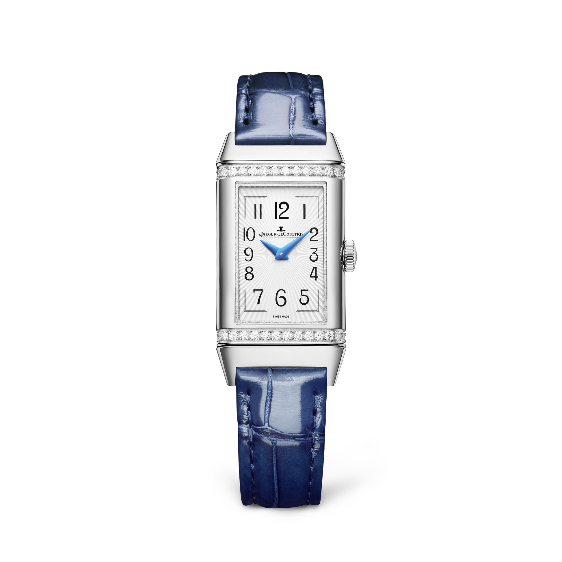 JLC - Reverso One Duetto - 40.1 MM x 20 MM - Stainless Steel - Silvered-Gray/Midnight Blue Dial - Diamond-Set Case - Blue Leather Strap - Q334848J