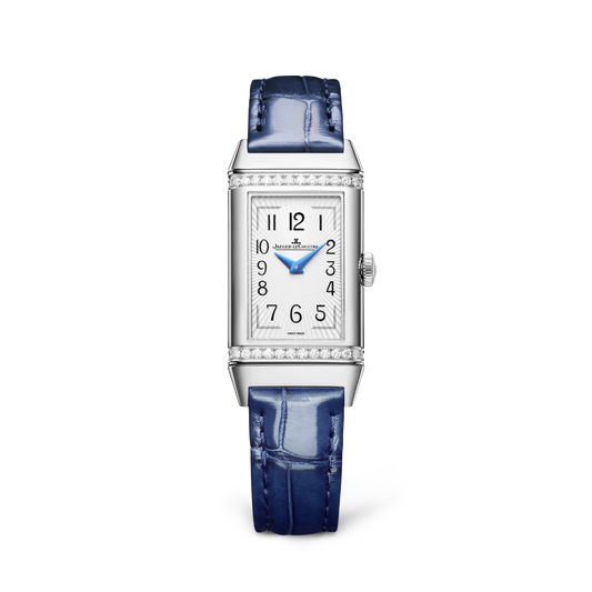 JLC - Reverso One Duetto - 40.1 MM x 20 MM - Stainless Steel - Silvered-Gray/Midnight Blue Dial - Diamond-Set Case - Blue Leather Strap - Q334848J