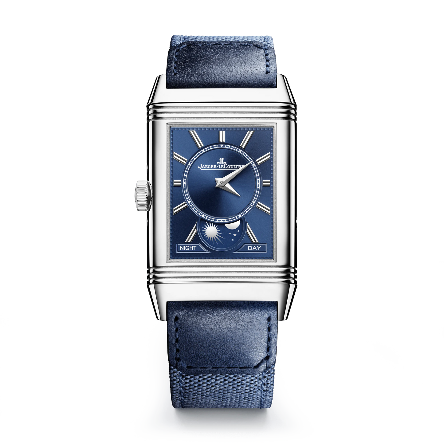 JLC - Reverso Tribute Duoface Calendar - 49.4 MM x 29.9 MM - Stainless Steel - Silvered-Gray/Blue Dial - Blue Leather/Canvas Strap - Q3918420