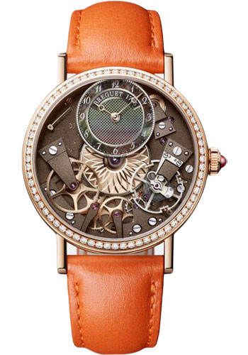 Breguet Tradition Rose Gold 37 MM - Orange Leather Strap - Diamond Bezel - Brown Skeleton Dial - 7038BR/CT/3V6/D00D