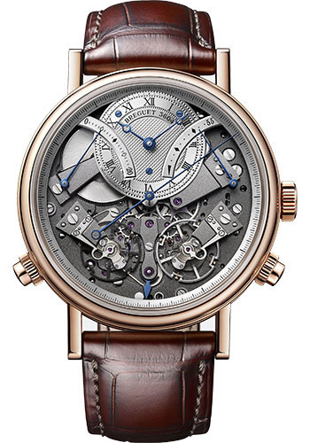 Breguet Tradition Chronograph Independent Rose Gold 44 MM - Brown Leather Strap - Silver Gold Dial - 7077BR/G1/9XV