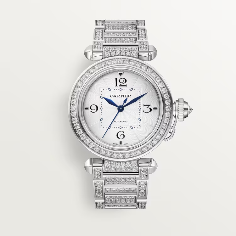 Cartier Pasha de Cartier White Gold 35 MM - White Gold Diamond Bracelet - Diamond Bezel - Silver Flinqué Dial - WJPA0014