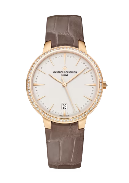 Vacheron Constantin Patrimony Pink Gold 36.5 MM - Blue Leather Strap - Diamond Bezel - White Dial - 85515/000R-9840