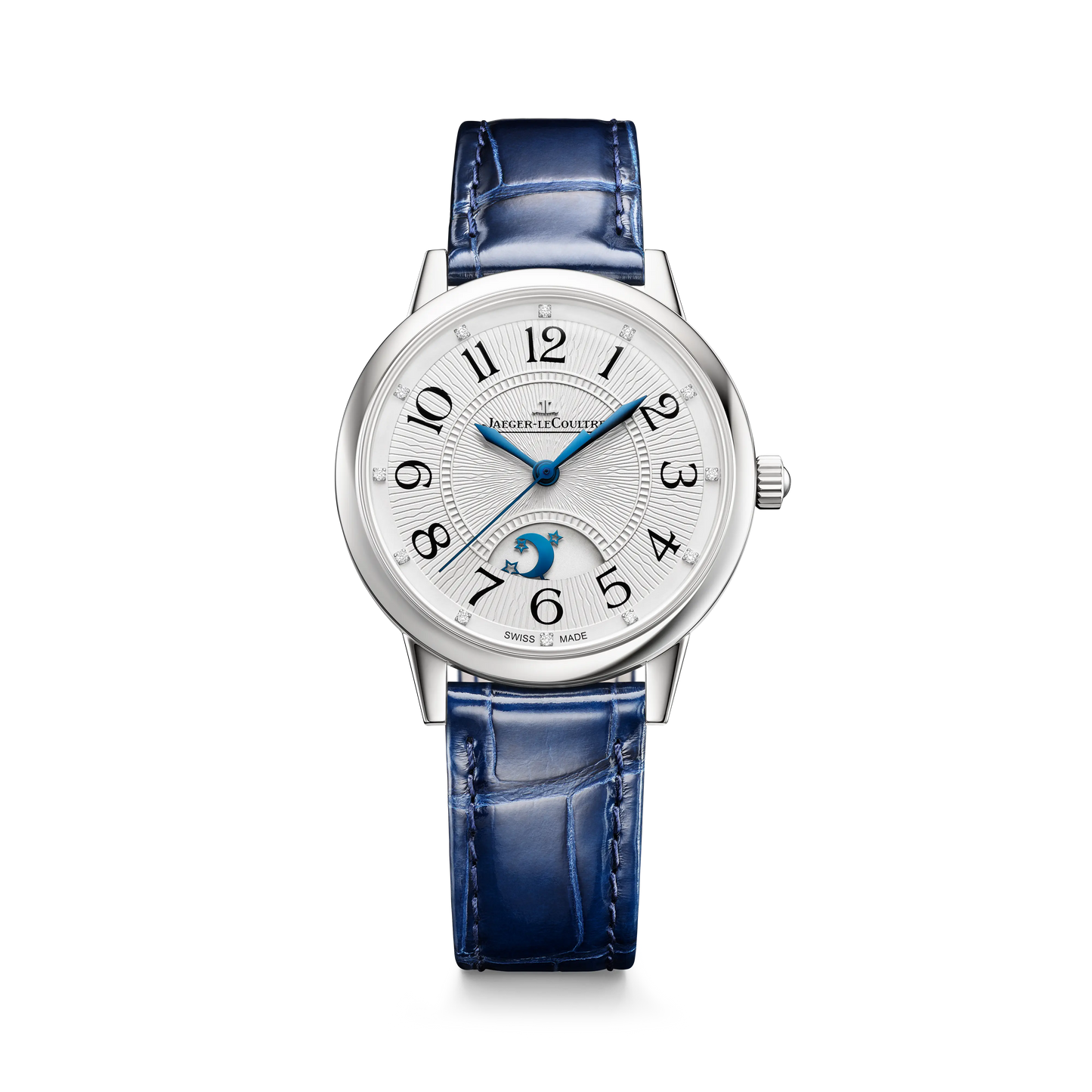JLC - Rendez-Vous Classic Night & Day - 34 MM - Stainless Steel - Silvered-Gray Guilloché Diamond Dial - Blue Leather Strap - Q3448411