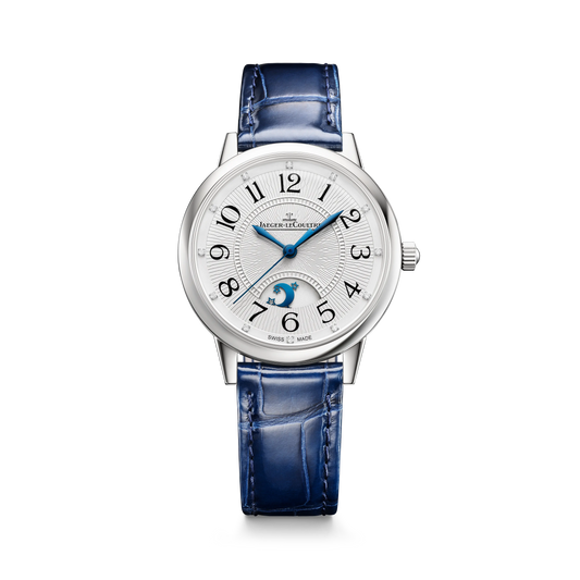 JLC - Rendez-Vous Classic Night & Day - 34 MM - Stainless Steel - Silvered-Gray Guilloché Diamond Dial - Blue Leather Strap - Q3448411