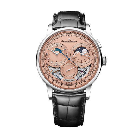 JLC - Duometre Chronograph Moon - 42.5 MM - Platinum - Salmon Dial - Black Leather Strap - Q622656J