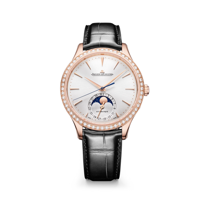 JLC - Master Ultra Thin Moon - 36 MM - Pink Gold - Silvered-Gray Dial - Diamond Bezel - Black Leather Strap - Q1242502