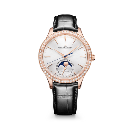 JLC - Master Ultra Thin Moon - 36 MM - Pink Gold - Silvered-Gray Dial - Diamond Bezel - Black Leather Strap - Q1242502