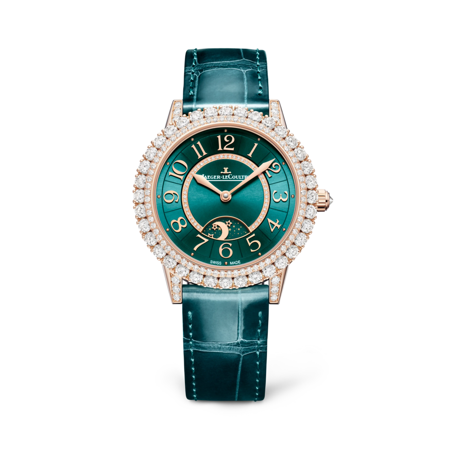 JLC - Rendez-Vous Dazzling Night & Day - 36 MM - Pink Gold - Green Sunray-Brushed Dial - Diamond Bezel - Green Leather Strap - Q343247J