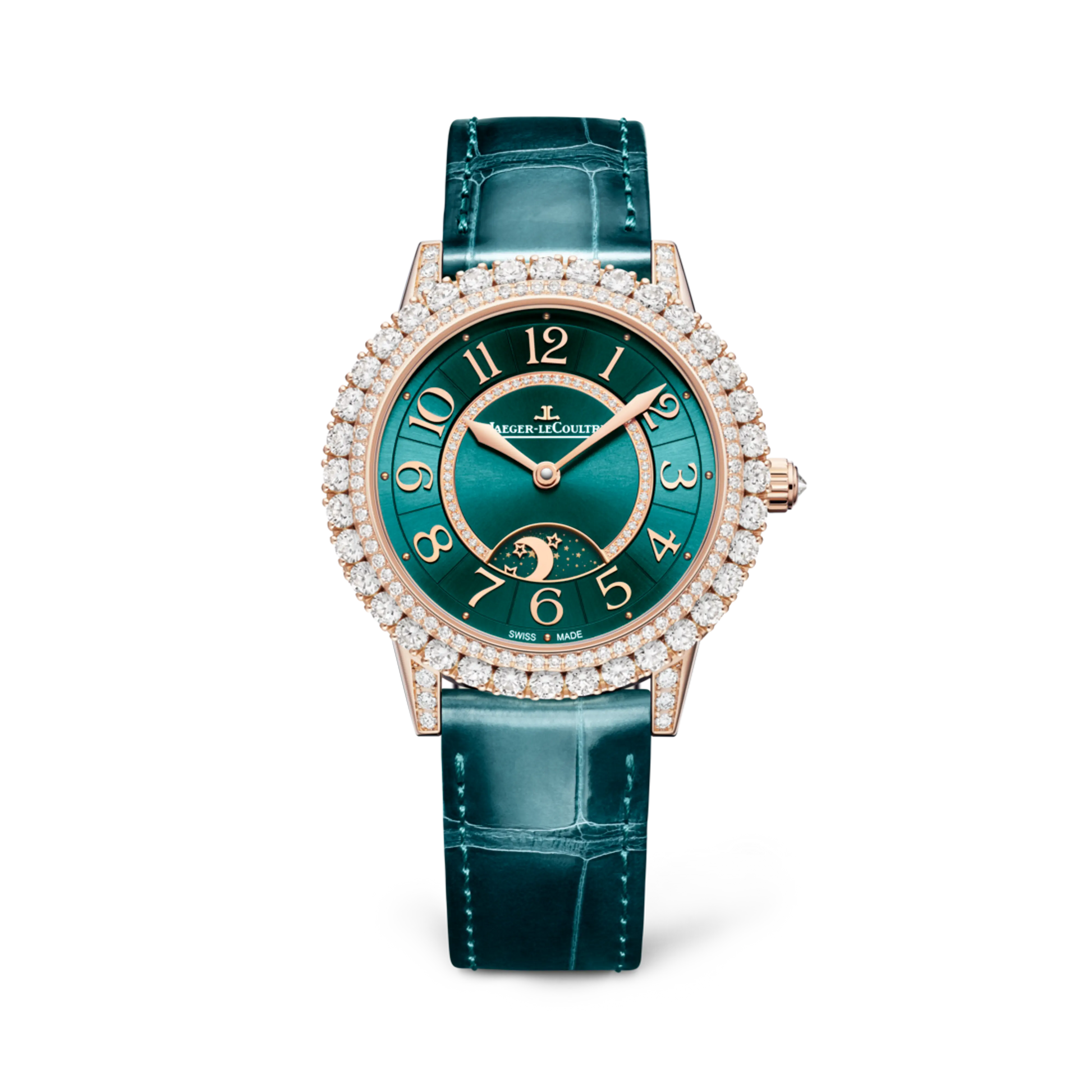 JLC - Rendez-Vous Dazzling Night & Day - 36 MM - Pink Gold - Green Sunray-Brushed Dial - Diamond Bezel - Green Leather Strap - Q343247J