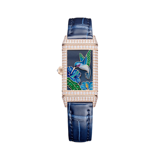 JLC - Reverso One "Hibiscus Syriacus" Limited Edition - 40 MM x 20 MM - Rose Gold - Mother-Of-Pearl Dial - Diamond-Set Case - Blue Leather Strap - Q3292424