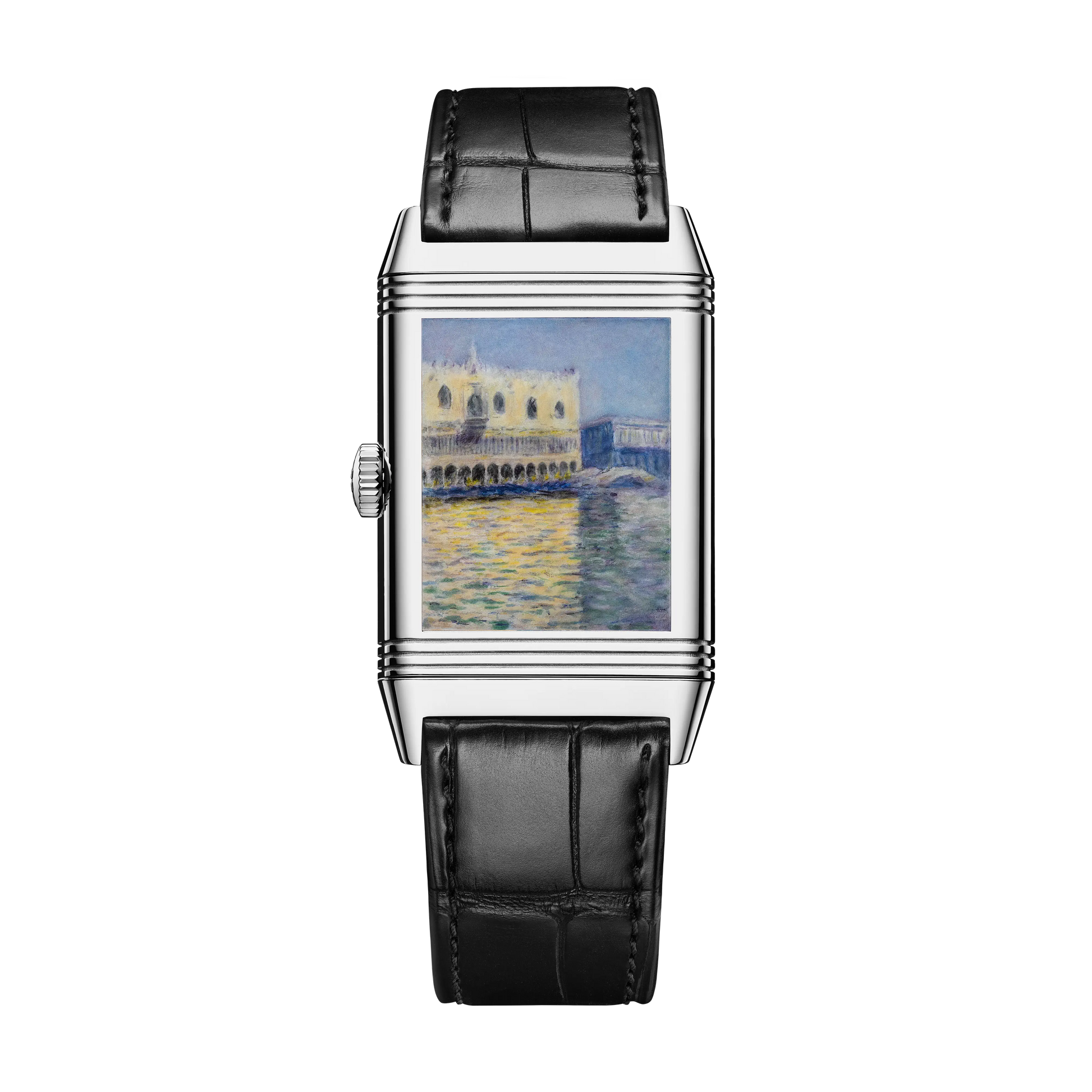 JLC - Reverso Tribute Enamel Monet "The Doge's Palace" - Limited Edition - 45.6 MM x 27.4 MM - White Gold - Blue Guilloché Enamel Dial - Black Leather Strap - Q39334M6