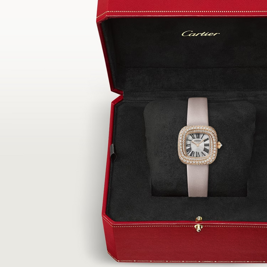 Cartier Coussin de Cartier Rose gold 27.1 MM - Beige Calfskin Strap - Diamond Bezel - Silvered Sunray Dial - WJCS0004