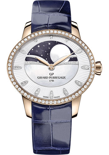 Girard-Perregaux Cat's eye Pink Gold 35.40 x 30.40 MM - Blue Leather Strap - Diamond Bezel - Mother-Of-Pearl Guilloché Diamond Dial - 80496D52A751-CK4A