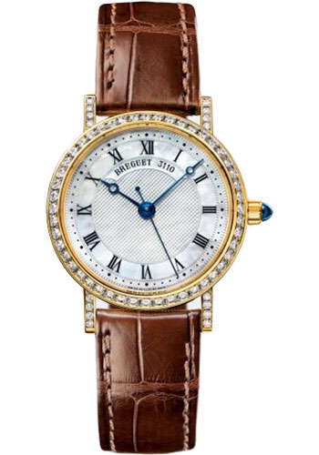 Breguet Classique Yellow Gold 30 MM - Brown Leather Strap - Diamond Bezel - Mother of Pearl Dial - 8068BA/52/964/DD00