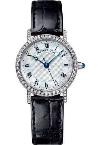 Breguet Classique White Gold 30 MM - Black Leather Strap - Diamond Bezel - Mother of Pearl Dial - 8068BB/52/964/DD00