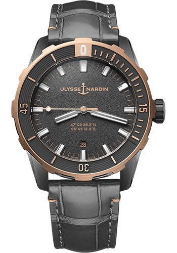 Ulysse Nardin Diver Stainless Steel and Rose Gold 42 MM - Dark Grey Leather Strap - Grey Dial - 8163-175/GREY-5N