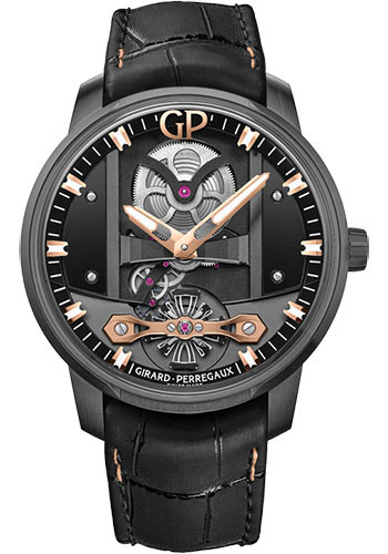 Girard-Perregaux Free Bridge Stainless Steel 44 MM - Black Leather Strap - Skeleton Dial - 82000-11-632-FA6A