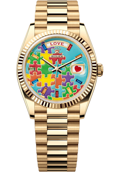Rolex Yellow Gold Day-Date Watch - 36 MM - President bracelet - Fluted Bezel - Blue Puzzle Dial - 128238-0106
