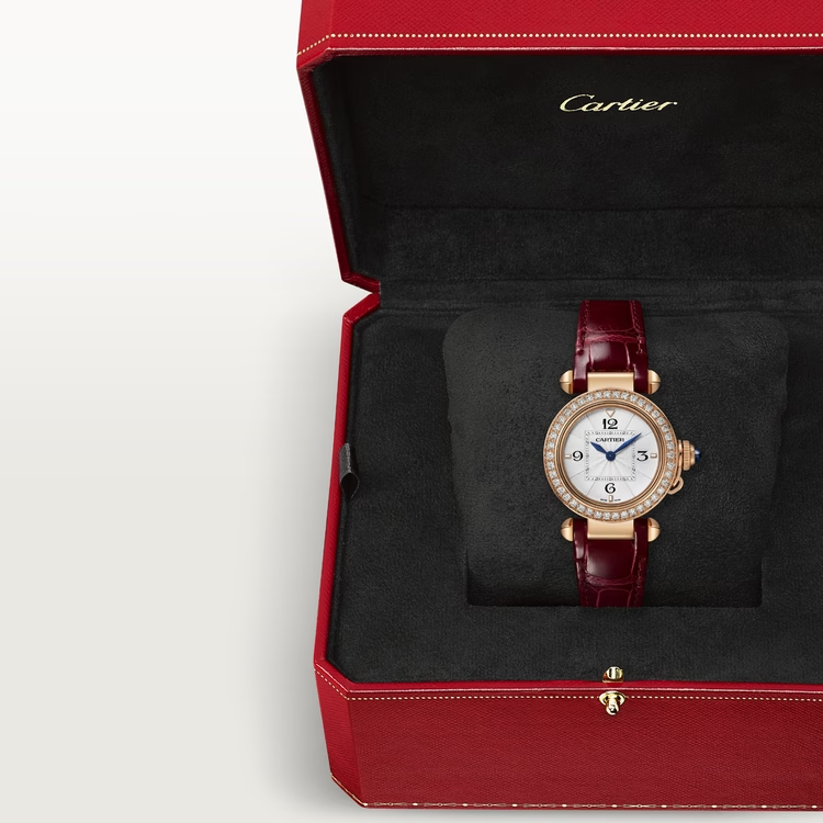 Cartier Pasha de Cartier Rose gold 30 MM - Red Alligator Leather Strap - Diamond Bezel - Opaline Flinqué Dial - WJPA0017