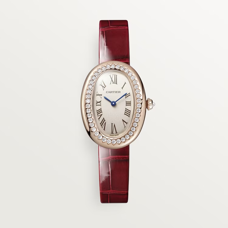 Cartier Baignoire de Cartier Rose gold 31.4 MM - Red Alligator Strap - Diamond Bezel - Silvered Dial - WJBA0031