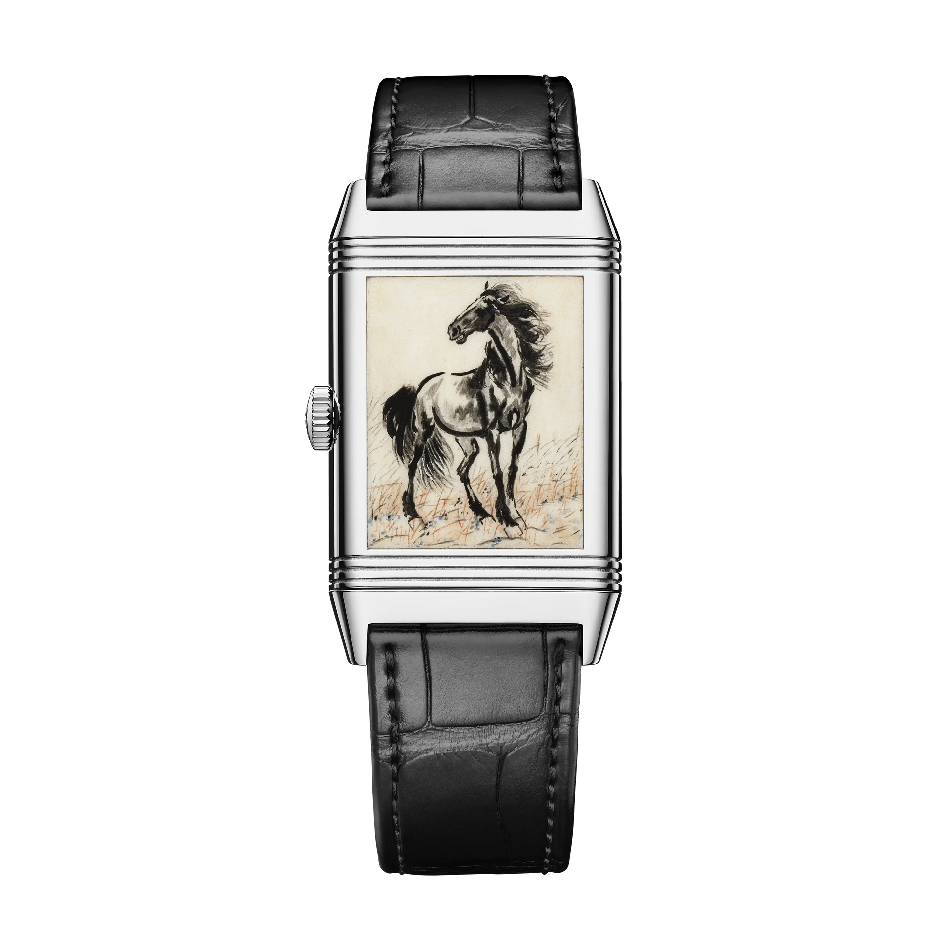 JLC - Reverso Tribute Enamel Xu Beihong Standing Horse - Limited Edition - 45.6 MM x 27.4 MM - White Gold - Orange Guilloché Enamel Dial - Black Leather Strap - Q39334B1