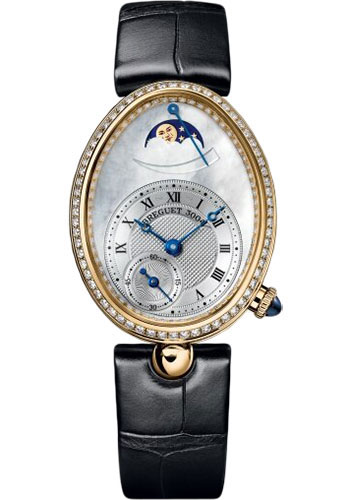 Breguet Reine de Naples Yellow Gold 28.48 MM -  Black Leather Strap - Diamond Bezel - Mother-Of-Pearl Dial - 8908BA/52/964/D00D3L