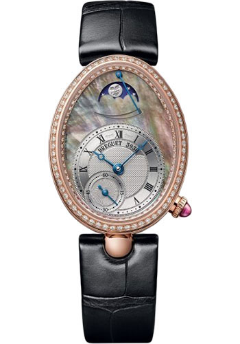 Breguet Reine de Naples Rose Gold 28.48 MM -  Black Leather Strap - Diamond Bezel - Mother-Of-Pearl Dial - 8908BR/5T/964/D00D3L