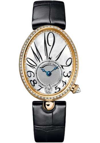 Breguet Reine de Naples Yellow Gold 28.48 MM -  Black Leather Strap - Diamond Bezel - Mother-Of-Pearl Dial - 8918BA/58/964/D00D3L