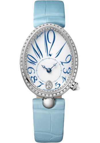 Breguet Reine de Naples White Gold 28.48 MM -  Blue Leather Strap - Diamond Bezel - White Enamel Dial - 8918BB/28/964/D00D