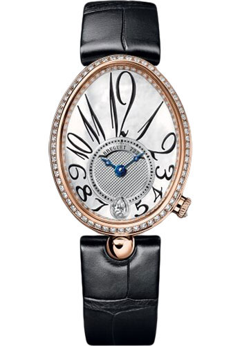 Breguet Reine de Naples Rose Gold 28.48 MM - Black Leather Strap - Diamond Bezel - Mother-Of-Pearl Dial - 8918BR/58/964/D00D3L