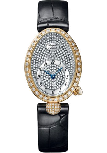 Breguet Reine de Naples Yellow Gold 24.95 MM - Black Leather Strap - Diamond Bezel - Diamond Paved Dial - 8928BA/8D/944/DD0D3L