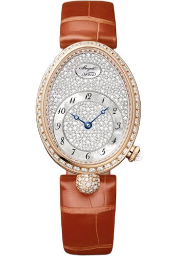 Breguet Reine de Naples Rose Gold 28.48 MM - Brown Leather Strap - Diamond Bezel - Diamond Paved Dial  - 8938BR/8D/964/DD0D