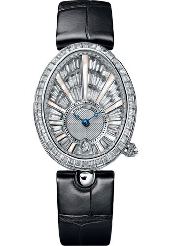 Breguet Reine de Naples White Gold 30.45 MM - Black Leather Strap - Diamond Bezel - Baguette Diamond Paved Dial - 8939BB/6D/964/DD0D3L