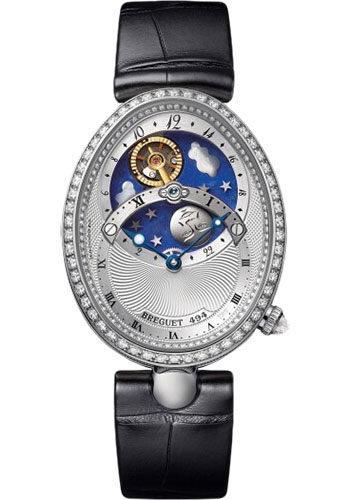 Breguet Reine de Naples White Gold 32 MM - Black Leather Strap - Diamond Bezel - Silver Dial - 8998BB/11/974/D00D