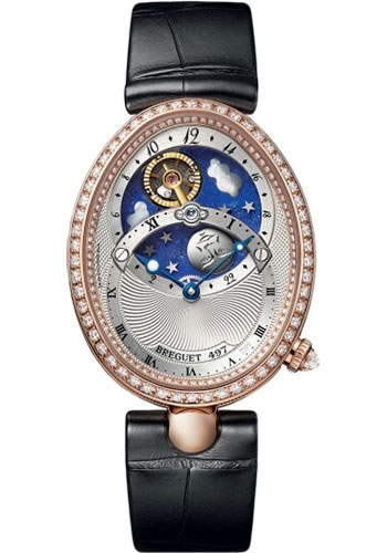 Breguet Reine de Naples Rose Gold 32 MM - Black Leather Strap - Diamond Bezel - Silver Dial - 8998BR/11/974/D00D