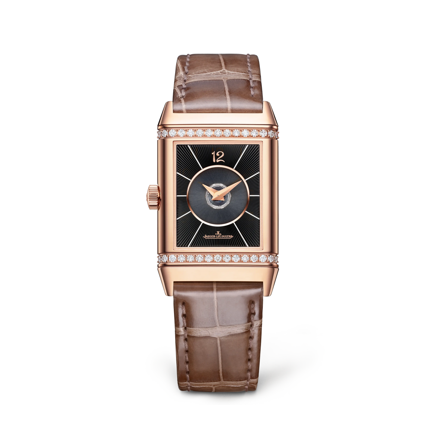 JLC - Reverso Classic Duetto - 40 MM x 24.4 MM - Pink Gold - Silvered-Gray/Black Dial - Diamond-Set Case - Brown Leather Strap - Q2572570