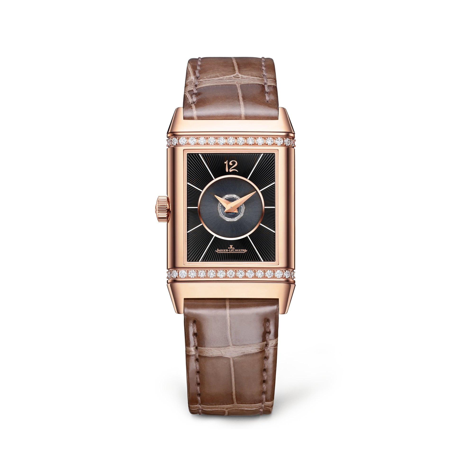 JLC - Reverso Classic Duetto - 40 MM x 24.4 MM - Pink Gold - Silvered-Gray/Black Dial - Diamond-Set Case - Brown Leather Strap - Q2572570