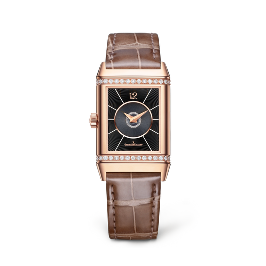 JLC - Reverso Classic Duetto - 40 MM x 24.4 MM - Pink Gold - Silvered-Gray/Black Dial - Diamond-Set Case - Brown Leather Strap - Q2572570