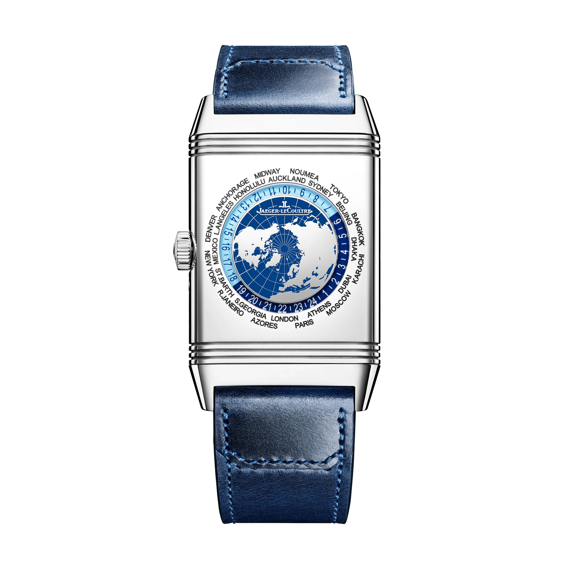 JLC - Reverso Tribute Geographic - 49.4 MM x 29.9 MM - Stainless Steel - Blue Dial - Blue Leather/Canvas Strap - Q714845J
