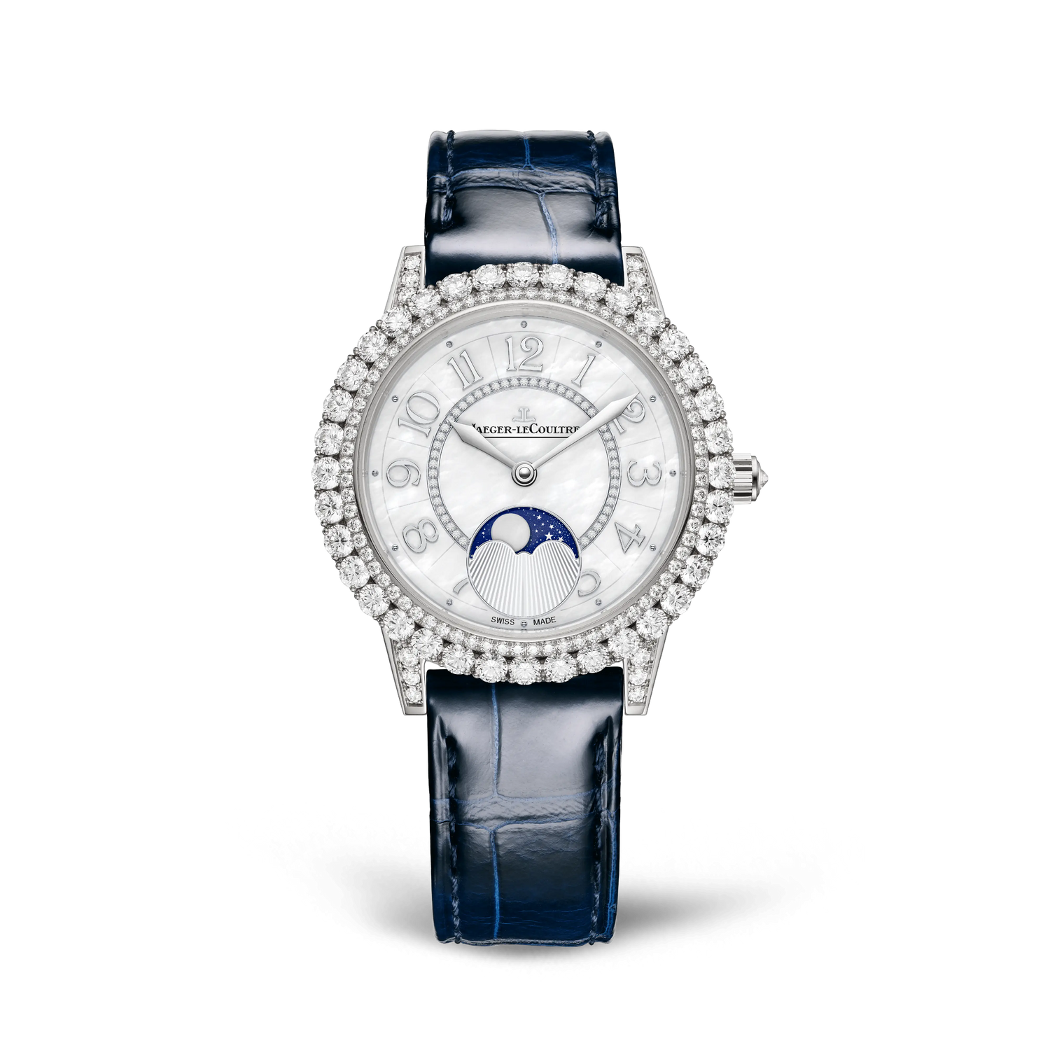 JLC - Rendez-Vous Dazzling Moon - 36 MM - White Gold - Mother-Of-Pearl Diamond-Set Dial - Diamond Bezel - Blue Leather Strap - Q3523570