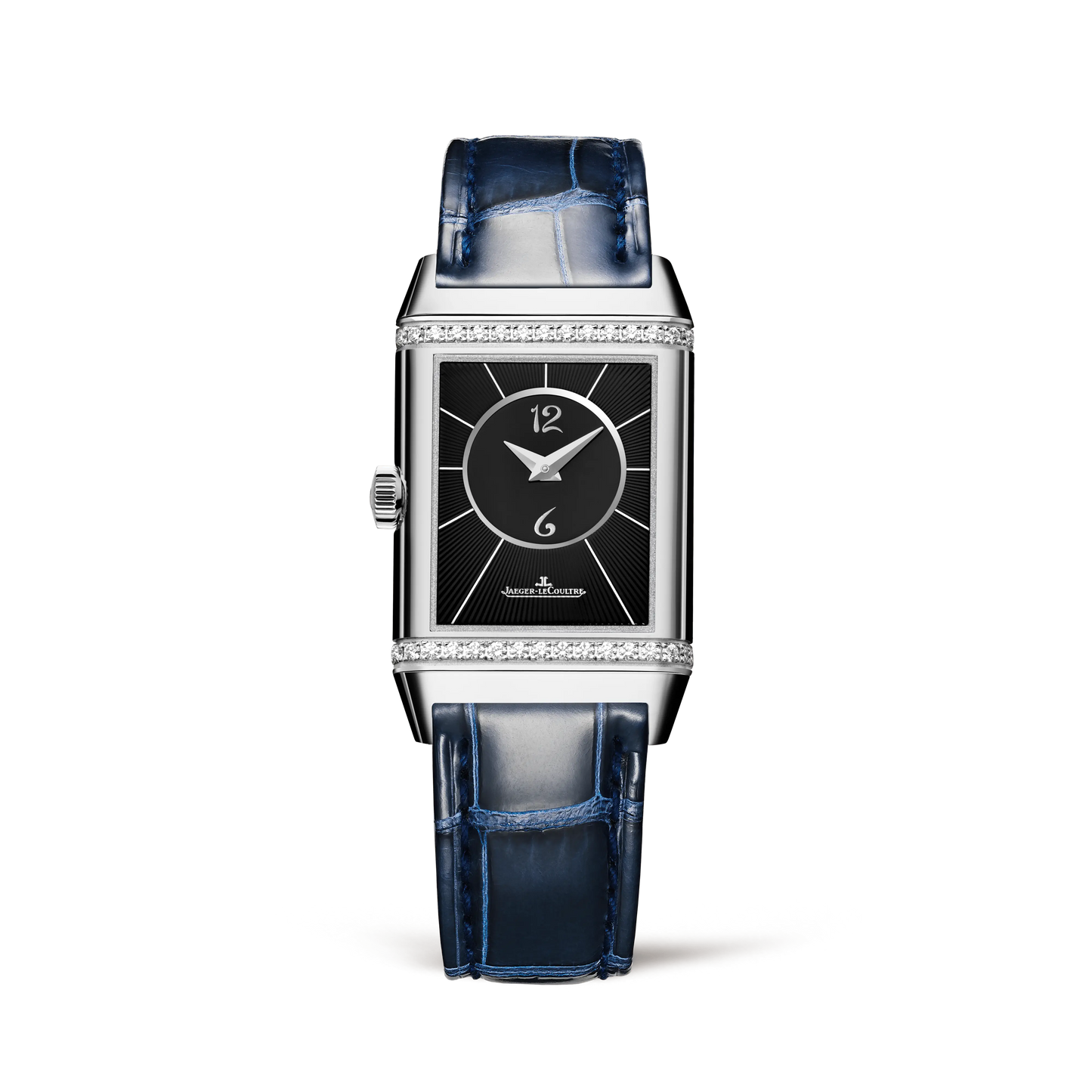 JLC - Reverso Classic Duetto - 40 MM x 24 MM - Stainless Steel - Silvered-Gray/Black Dial - Diamond-Set Verso - Blue Leather Strap - Q2588422
