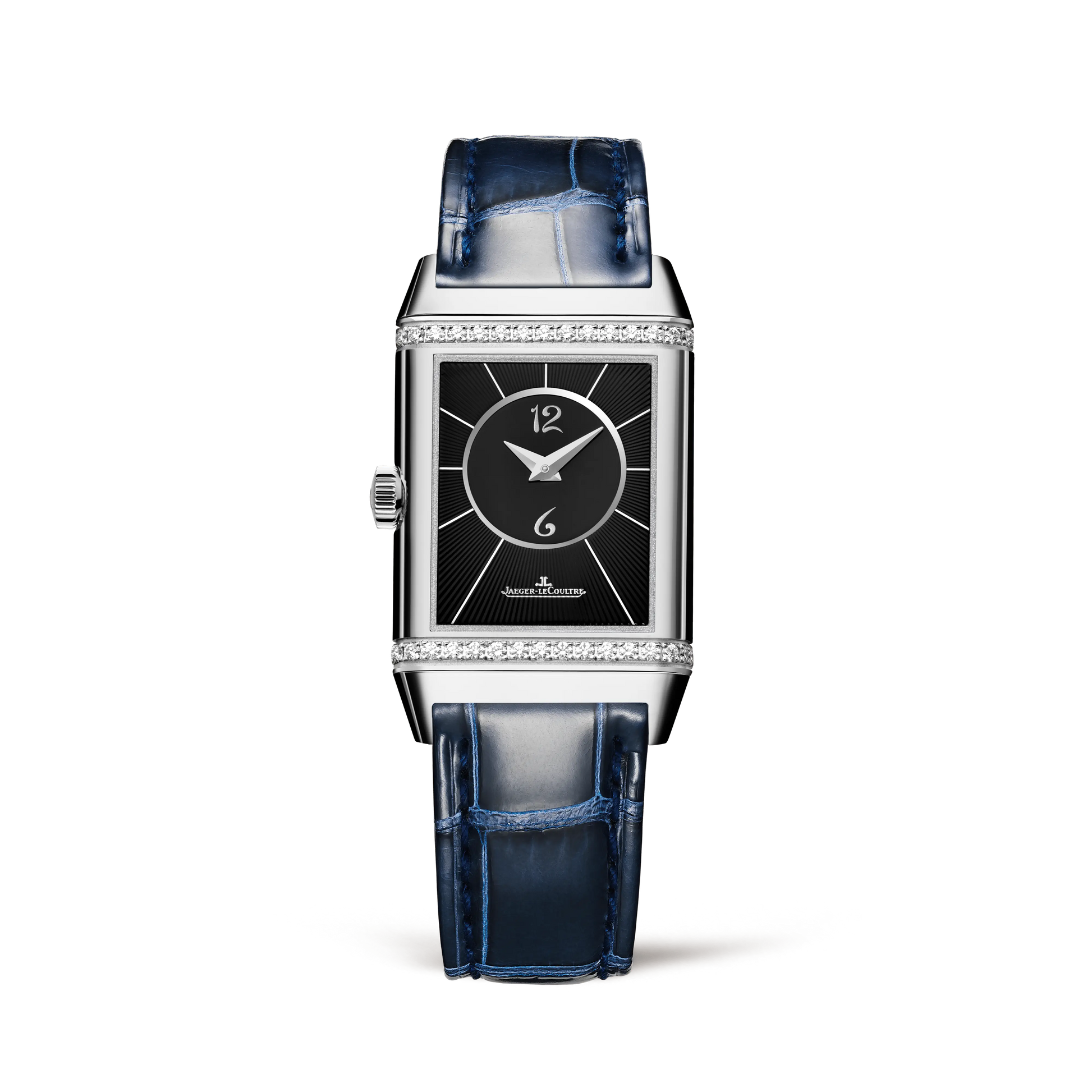 JLC - Reverso Classic Duetto - 40 MM x 24 MM - Stainless Steel - Silvered-Gray/Black Dial - Diamond-Set Verso - Blue Leather Strap - Q2588422